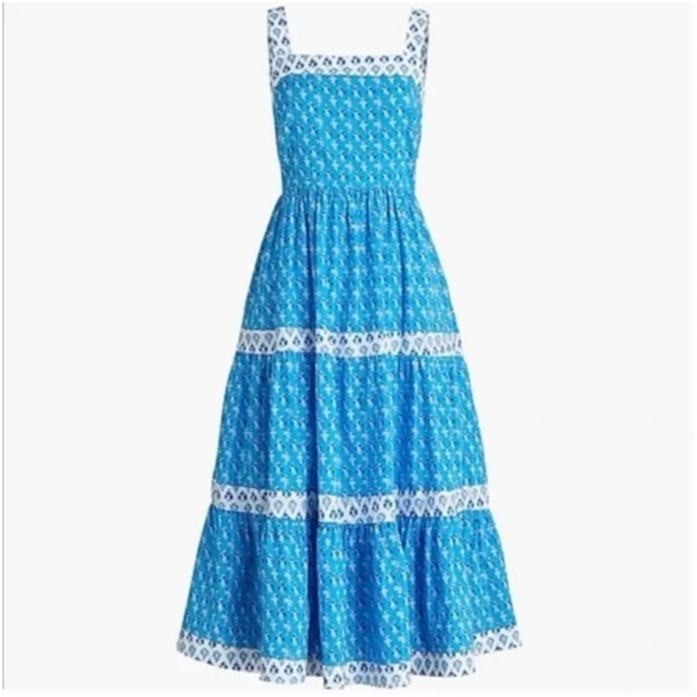 I. Crew Square Neck Tiered Midi Dress Block Print Combo Sz 00